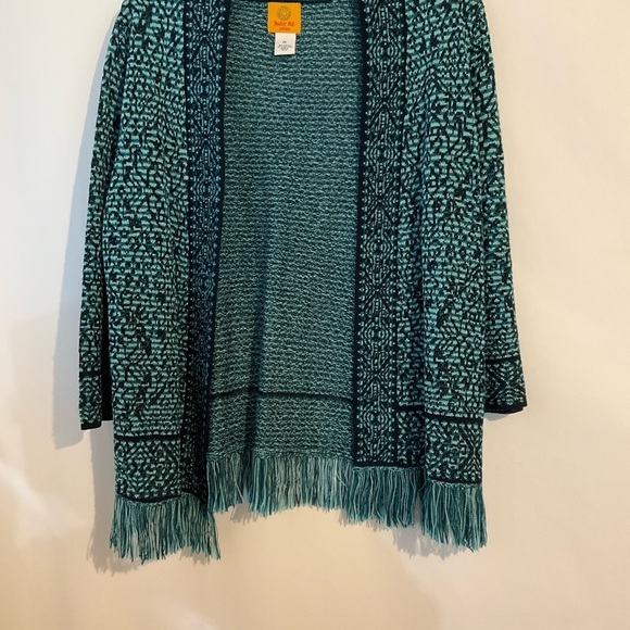 Ruby Rd. petite Sweater PL Cardigan Teal Navy Patterned Open Front Fringe Hem - Picture 7 of 7